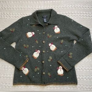 Vtg Skyr 100% Lambswool Snowman Cardigan Sweater Green Small
